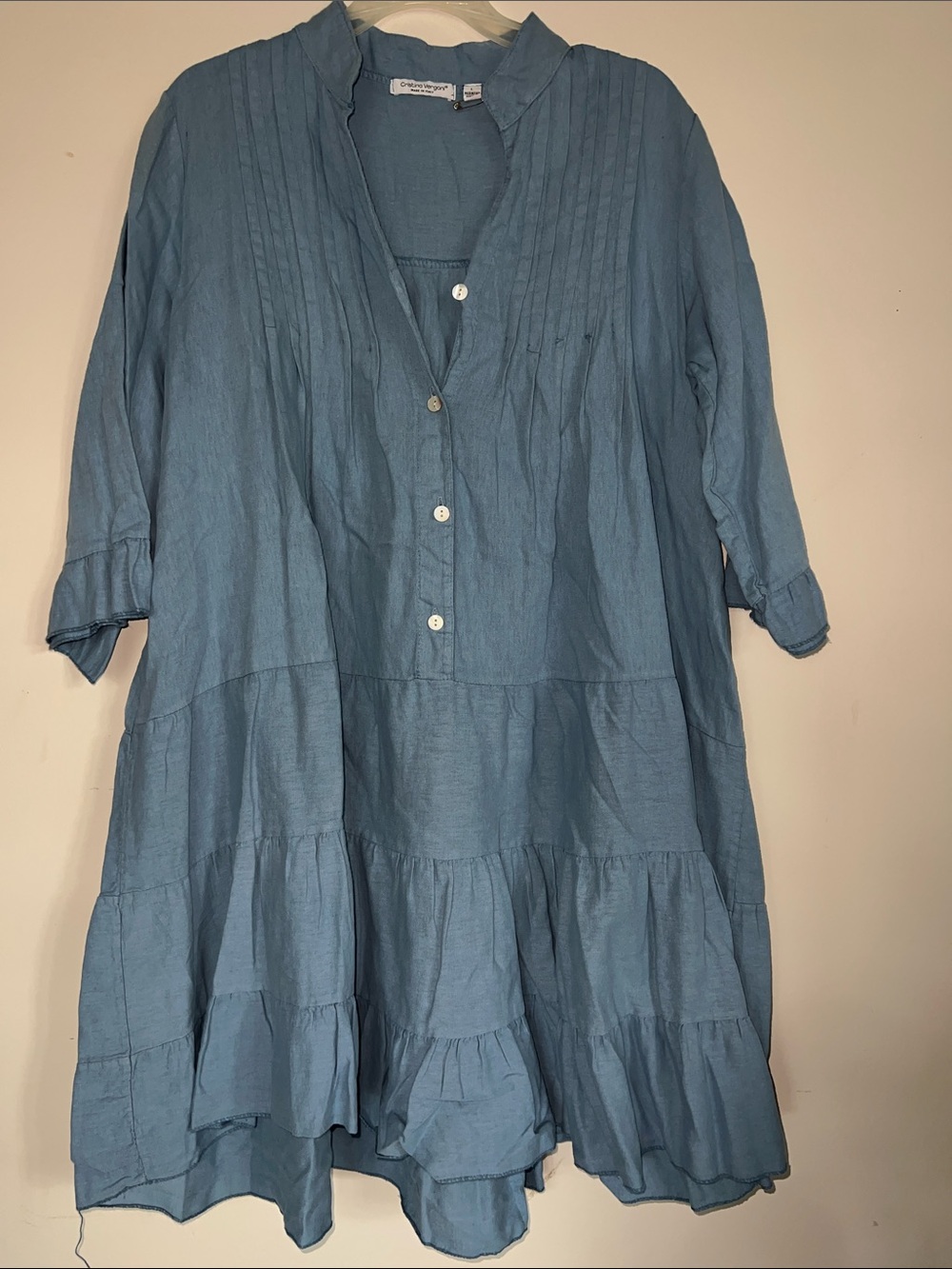 Cristina Vergani light Blue Tiered Button up Front Tunic Dress L large casual